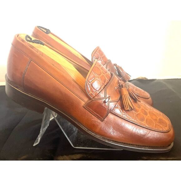 JOHNSTON & MURPHY BROWN LEATHER CROC  VAMP TASSEL LOAFERS MADE IN ITALY SZ 8 M - Picture 3 of 13
